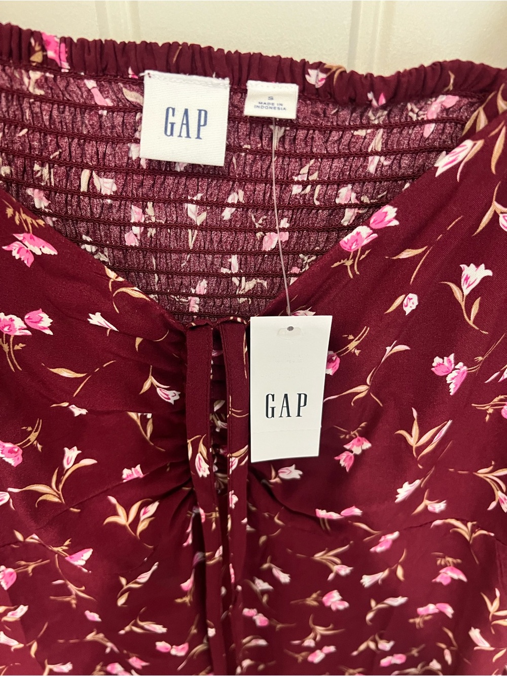 Gap NWT Smocked Floral Mini Dress – Burgundy Long Sleeve Cottagecore - Picture 4 of 8